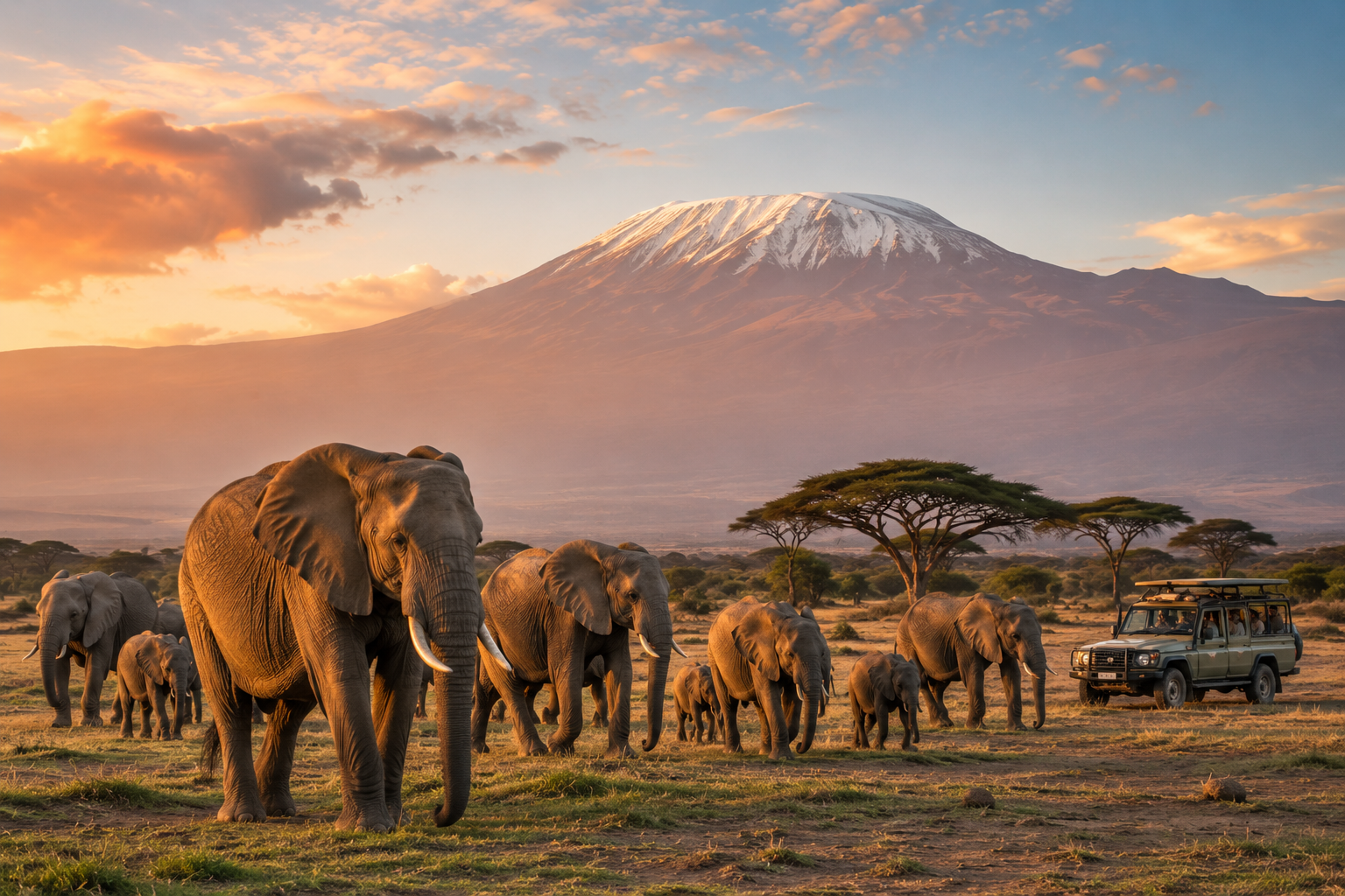 Elephants beneath Mount Kilimanjaro in Amboseli
